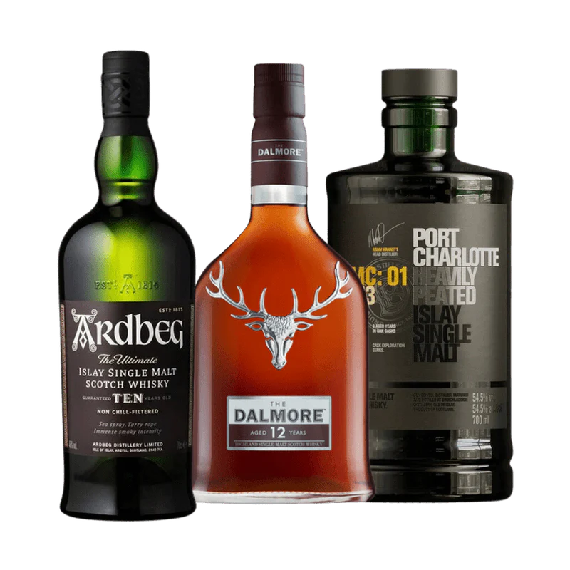 Ardbeg 10, Dalmore 12 & Port Charlotte Heavily Peated Single Malt Scotch Whisky Bundle (3 x 750ml)