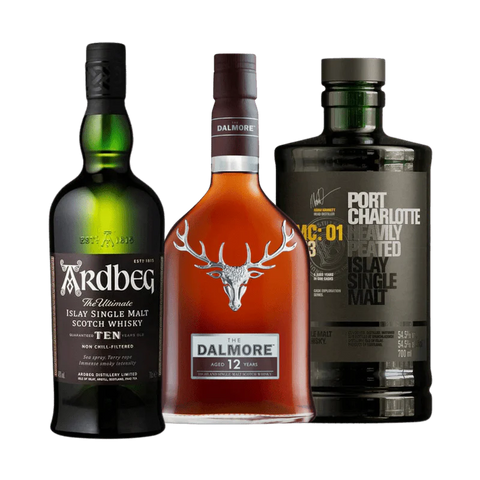 Ardbeg 10, Dalmore 12 & Port Charlotte Heavily Peated Single Malt Scotch Whisky Bundle (3 x 750ml)